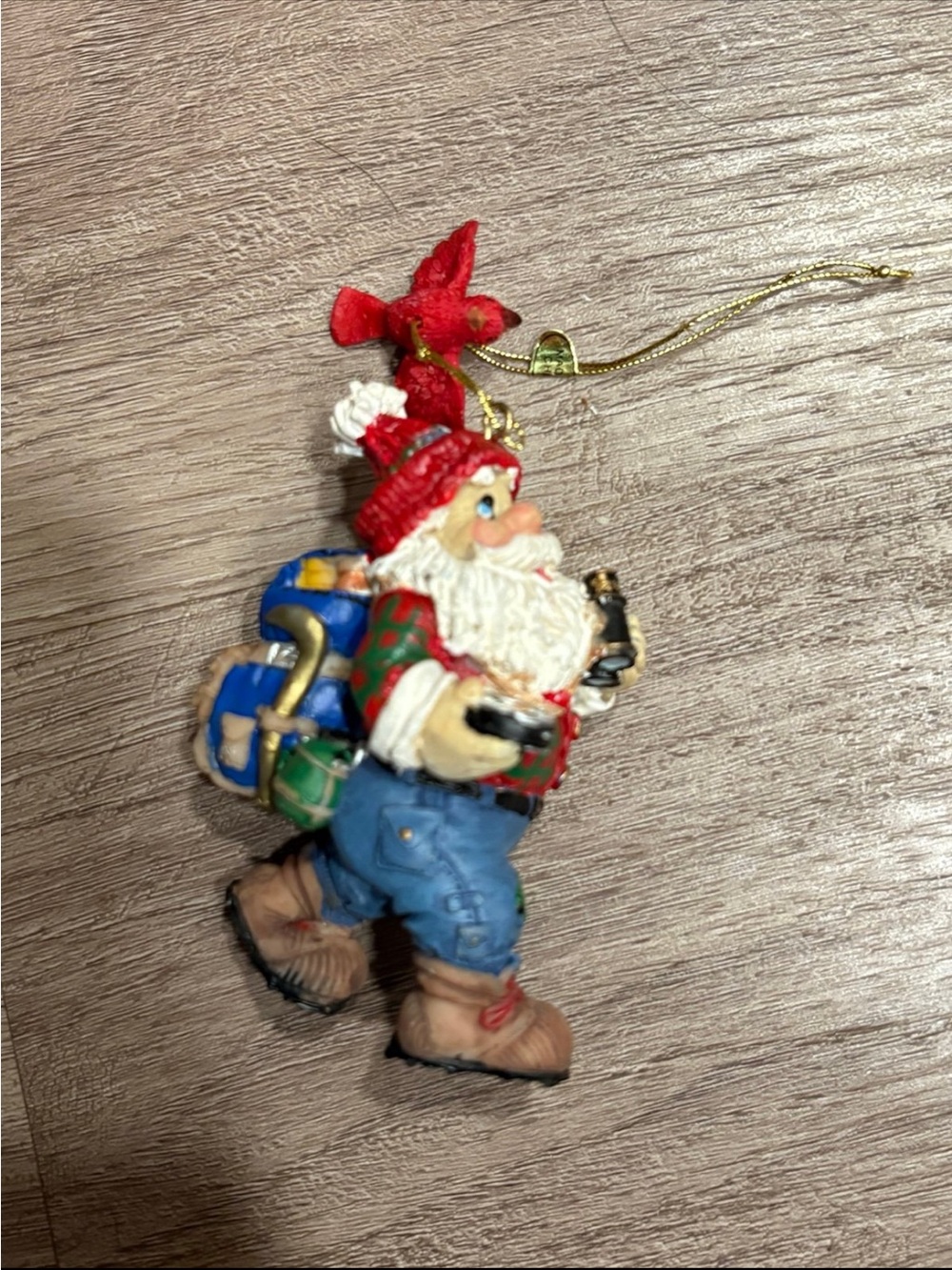 Vintage Santa Hiker Ornament Christmas Explorer Santa with Cardinal Bird